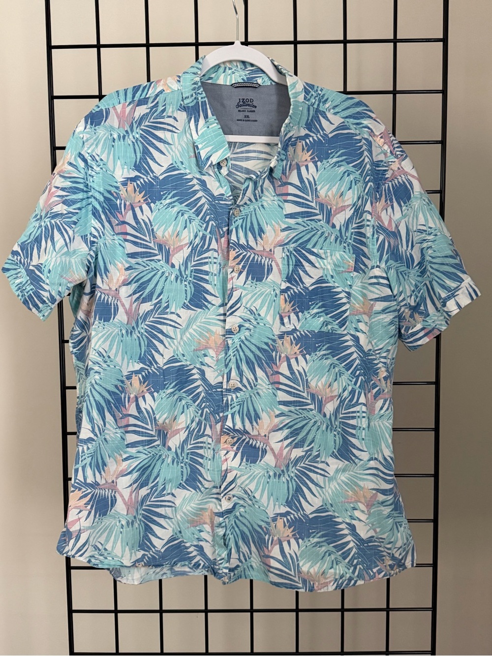 Izod Blue and Teal Palm Print Short-Sleeve Button-Down Shirt